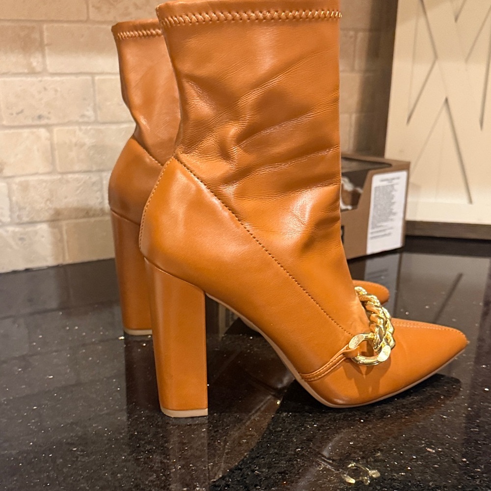 Tan Leather Ankle Boots with Chain Detail